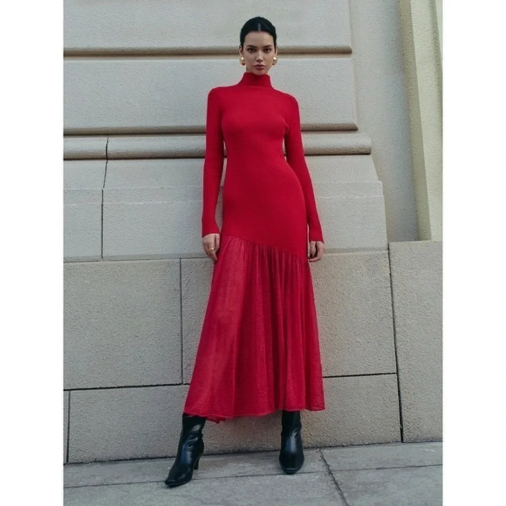 Commense Red‎ Knit Maxi Dress Turtleneck Long Sleeve Evening Cocktail Dress